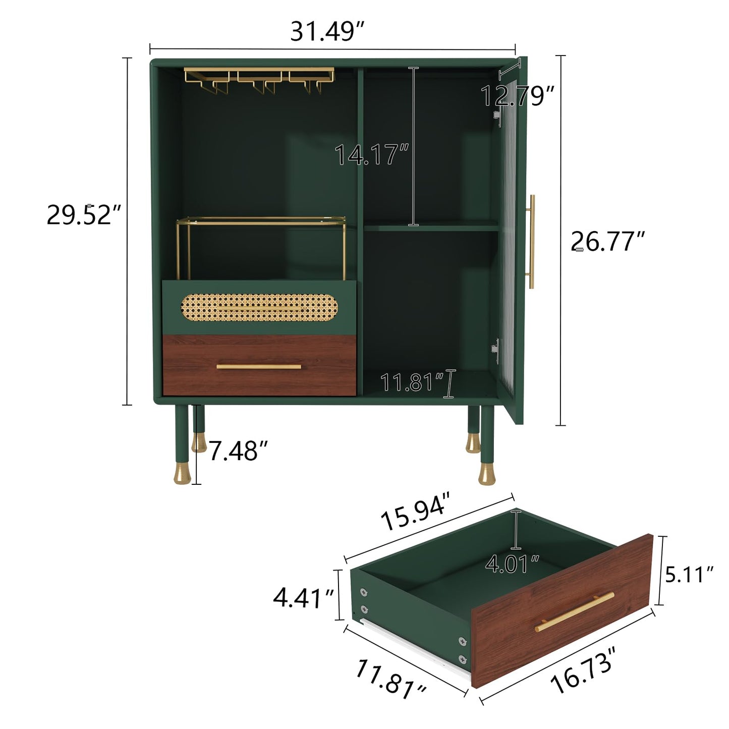 ARTPOWER Modern Coffee Bar Cabinet with Wine Glass Rack and Drawers, Green Liquor Cabinet with Pull-Out Wine Storage for Kitchen, Dining Room, Living Room
