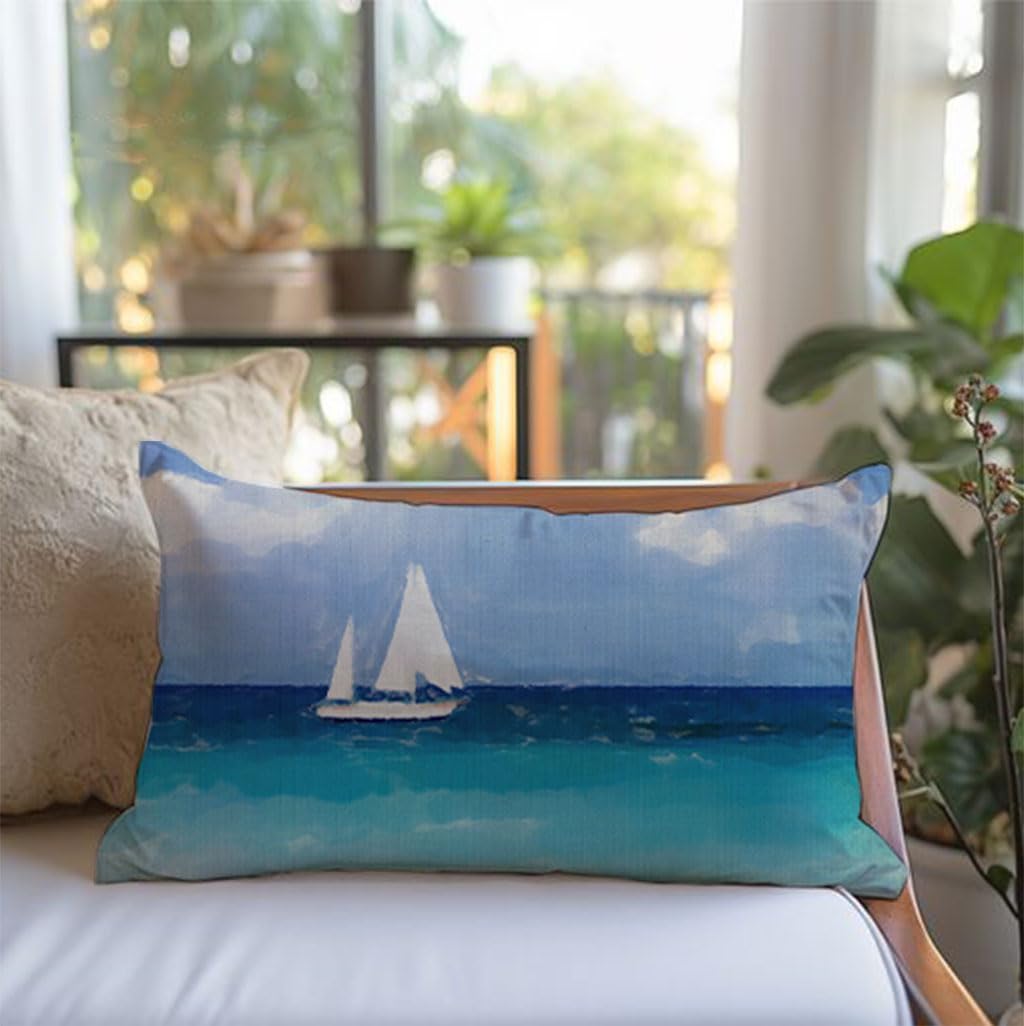 PANDICORN Summer Beach Throw Pillow Covers 12x20 Inch Sea Ocean Sailboat Nautical Coastal Blue Outdoor Decorations Lumbar Decorative Throw Pillows Cases for Beach House Home Living Room Couch Decor