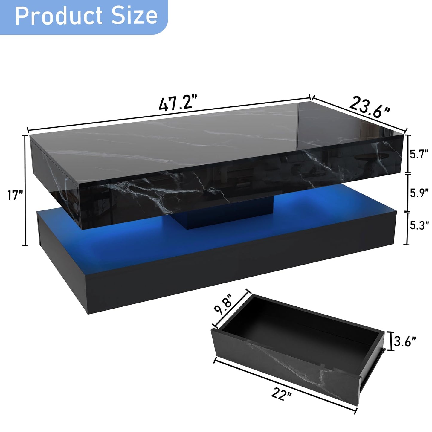 chartustriable 47inch Large High-Glossy LED Coffee Table with 2 Sliding Drawers, Living Room Storage Tables with Marbling Print, Modern Stylish Double-Layer Center Tables w/LED Lights, Black