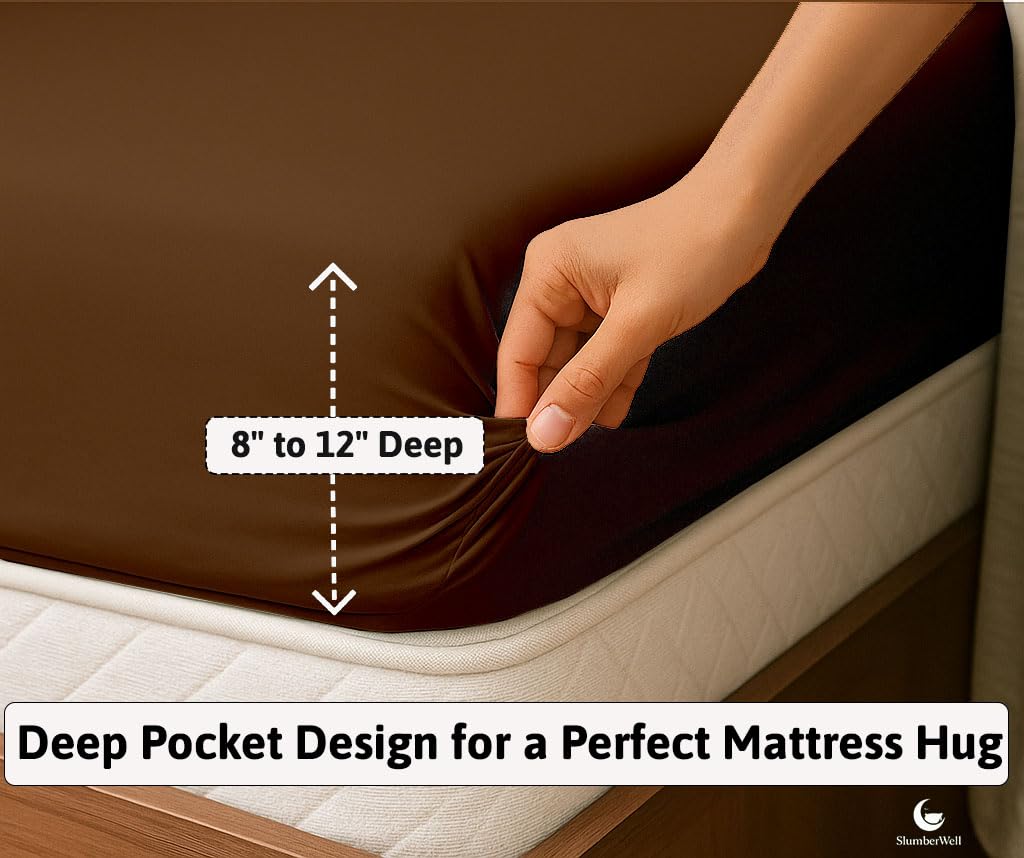 SlumberWell 4 Piece Luxury Soft Microfiber Fitted Bed Sheet Set for Campers, 8 to 12 Inch Deep Pocket, RV Three Quarter 48 x 75 3/4 Full Bunk, Chocolate