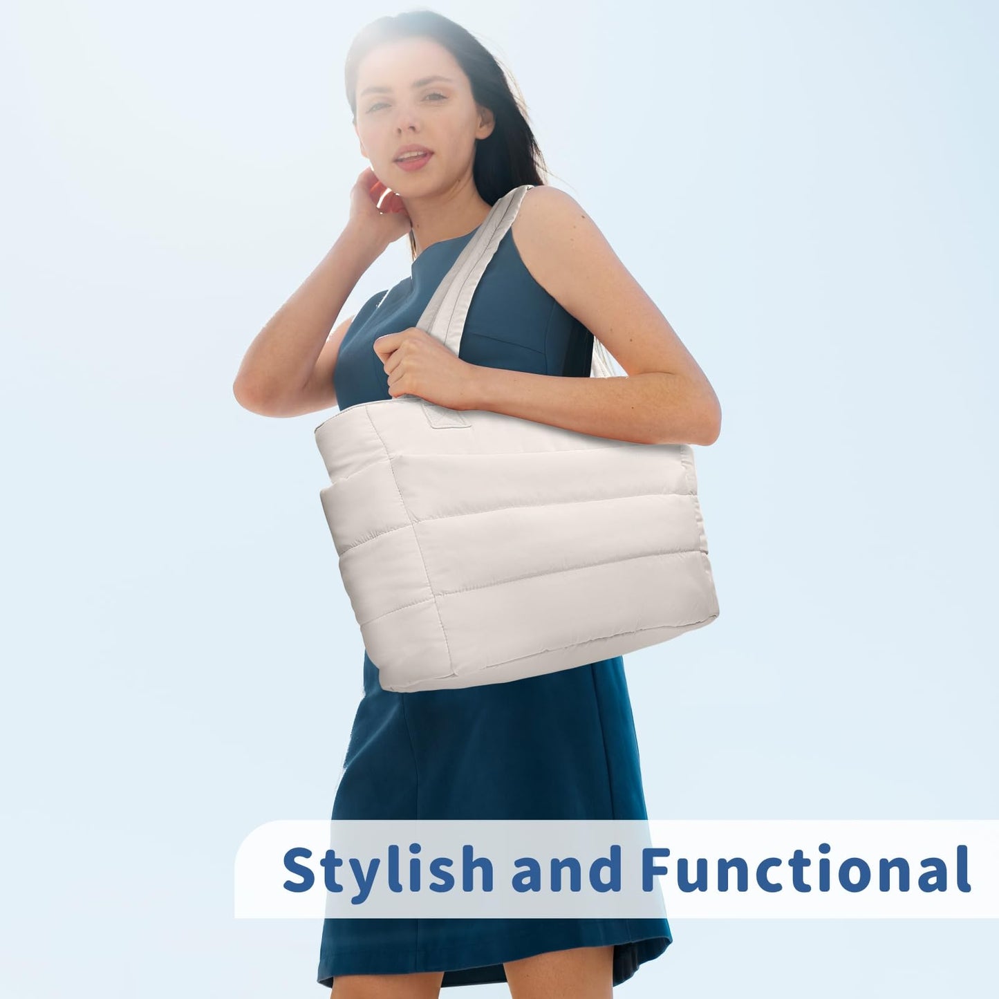 TOPDesign Puffer Tote Bag for Women, Lightweight Puffy Handbag with Compartments & Cosmetic Bag, Quilted Shoulder Bags for Work, Travel, Gym, Gifting (L Light White)