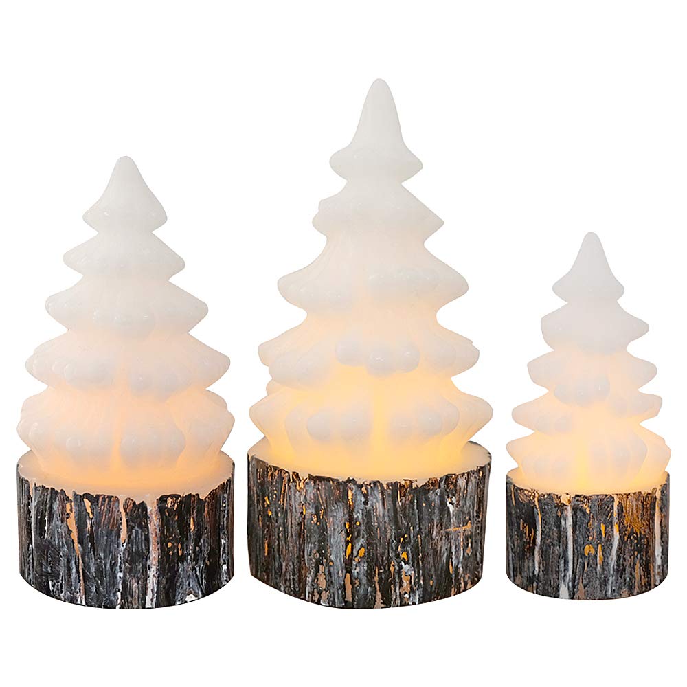 Eldnacele Christmas Flameless Flickering Candles with Timer Battery Operated Tree Shaped White LED Electric Wax Candles Warm White Set of 3 Seasonal Decoration Presents