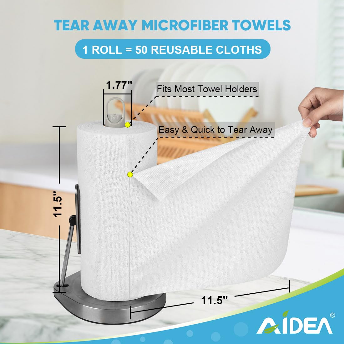 AIDEA Microfiber Cleaning Cloth Roll, White 50PK, Tear Away Reusable Paper Towels, Commercial Shop Rags, Microfiber Towels for Cars, Lint Free Rags for House, Kitchen, Automotive, 11.5"×11.5"