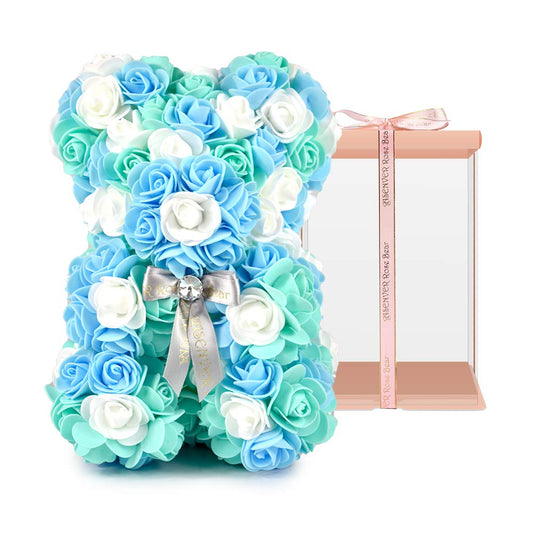 ASENVER Hand Made Artificial Flowers Rose Bear Pure Color for Valentine Birthday and Mother's Day with a 10" Pink Gift Box (Grey Bow-Tricolor Flower)