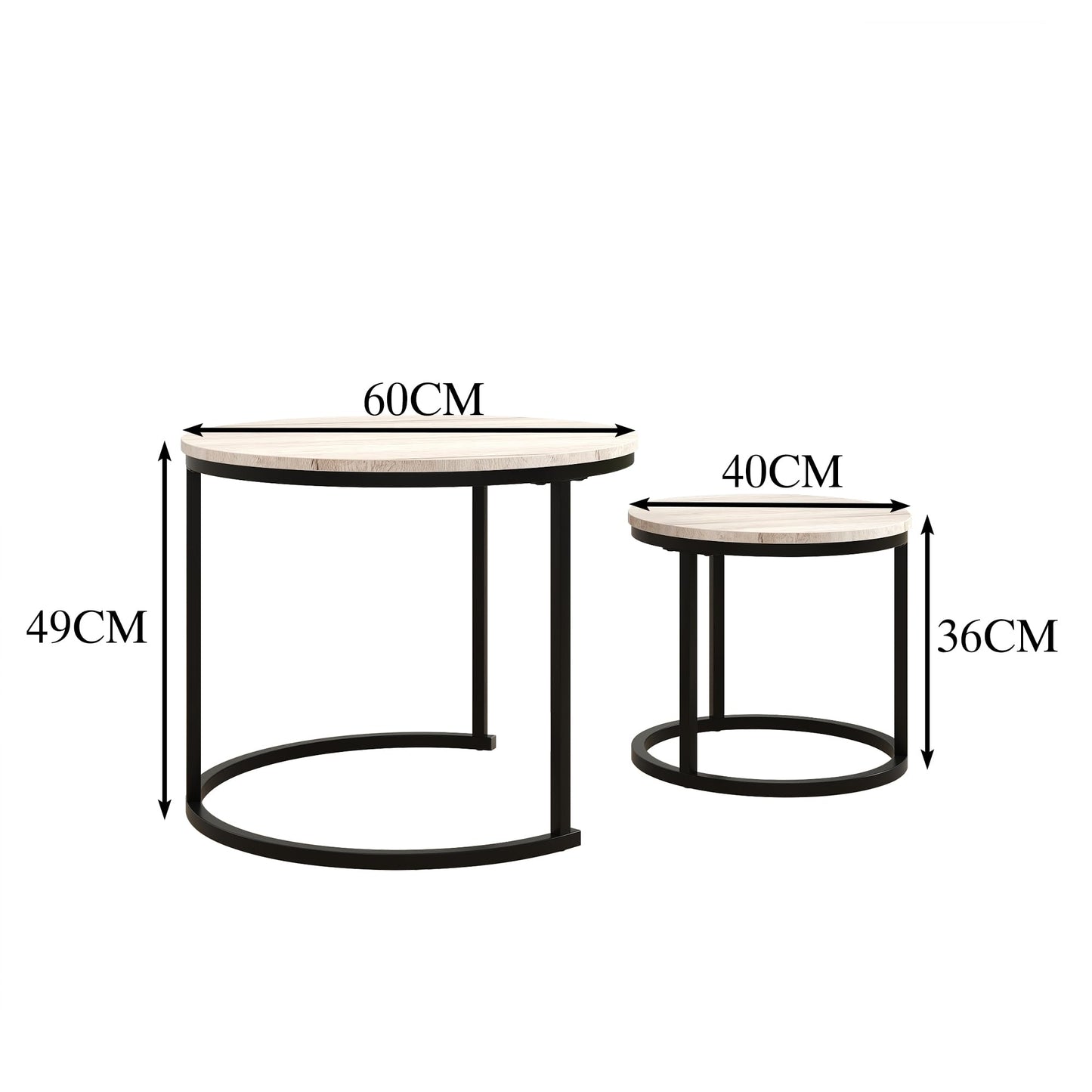 HOJINLINERO Round Coffee Table Set of 2 for Living Room,Black Small Coffee Table Living Room Table,Nesting Tables Metal Frame/Wood,Sturdy and Easy Assembly,Stacking Side Tables Bedroom,White Oak