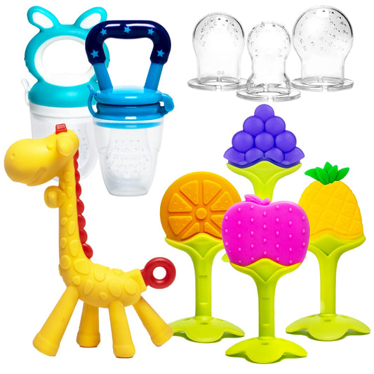 HONGTEYA Teething Toys for Babies 0-6 Months 6-12 Months 6 Pack- 4 Teethers for Babies Baby 2 Fruit Feeders for Newborn Infants BPA Free Natural Organic Freezer Silicone Baby Teethers Set