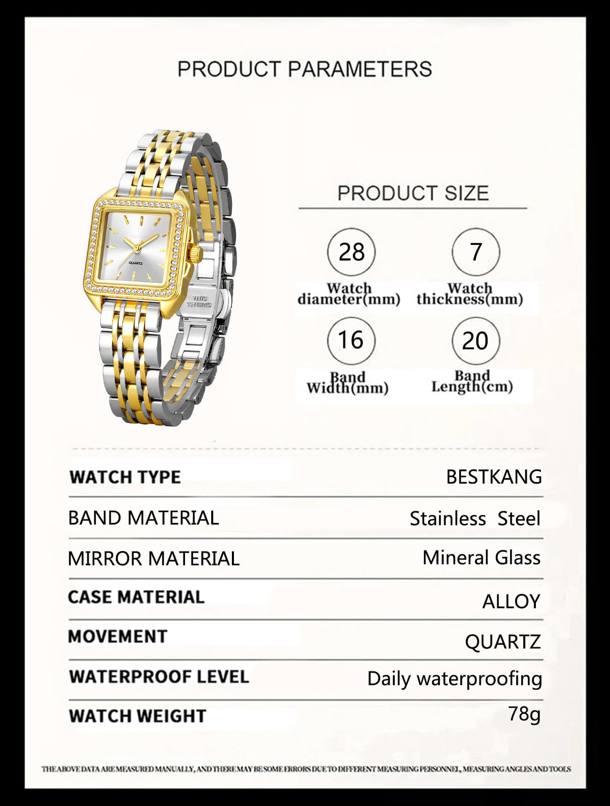 BESTKANG Luxury Golden Square Women's Watch - Retro Vintage Bracelet Diamond Waterproof Quartz Wristwatch, Elegant Small Dress Watch for Women (Two Tone White)