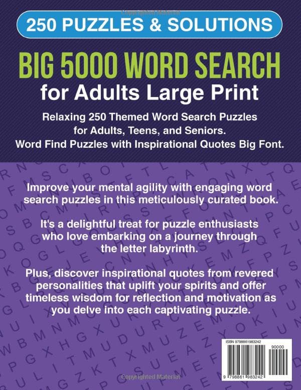 BIG 5000 Word Search for Adults Large Print: Relaxing 250 Themed Word Search Puzzles for Adults, Teens, and Seniors. Word Find Puzzles with Inspirational Quotes Big Font