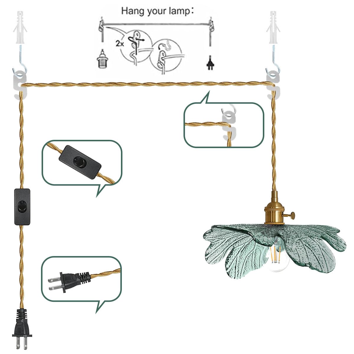 Plug In Hanging Light  Modern Brass Pendant Light Dark Green Glass Shade 14.75Ft Hanging Light With Plug In Cord Large Glass Pendant Light Plug In Pendant Lighting For Kitchen Living Dining Room