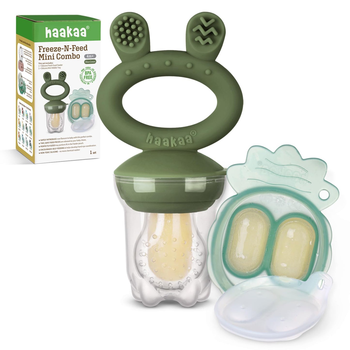 Haakaa Baby Fruit Food Feeder & Mini Freezer Nibble Tray Combo, Breastmilk Popsicle Molds for Baby Cooling Relief, BPA Free Silicone Feeder for Safe Infant Self Feeding, 4 Month+(Olive Green)