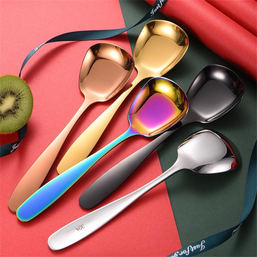 Square Head Stainless Steel Spoons,4PCS Korean style Thick Heavy Weight Soup Spoons,Dessert Spoons 7.3 Inch (silver)