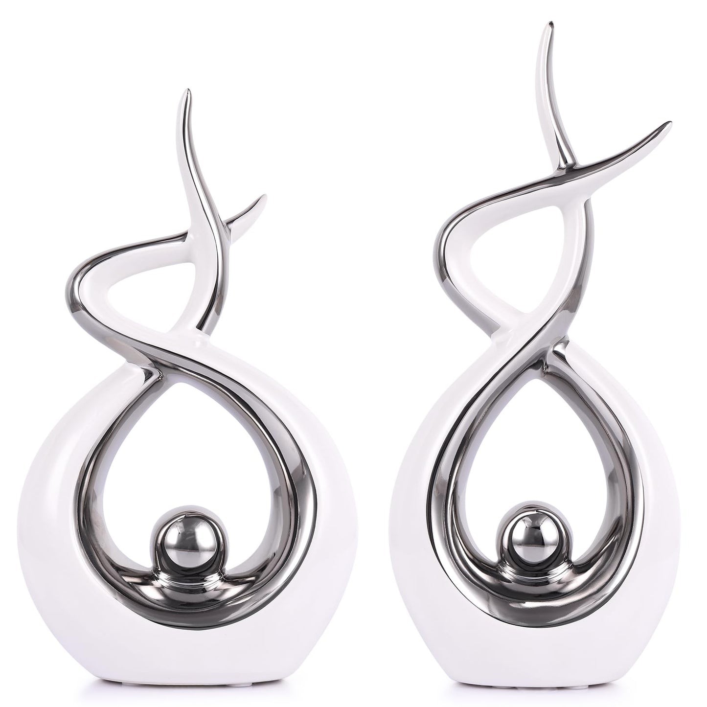 PlivBloom Silver White Abstract Ceramic Modern Sculpture, Knick Knacks Statues for Living Room, Shelf, TV Stand, Coffee Table, Dining Room, Office, Bedroom, Home Decor, Centerpiece, Great Gift Idea