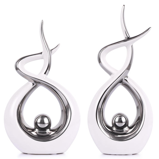 PlivBloom Silver White Abstract Ceramic Modern Sculpture, Knick Knacks Statues for Living Room, Shelf, TV Stand, Coffee Table, Dining Room, Office, Bedroom, Home Decor, Centerpiece, Great Gift Idea