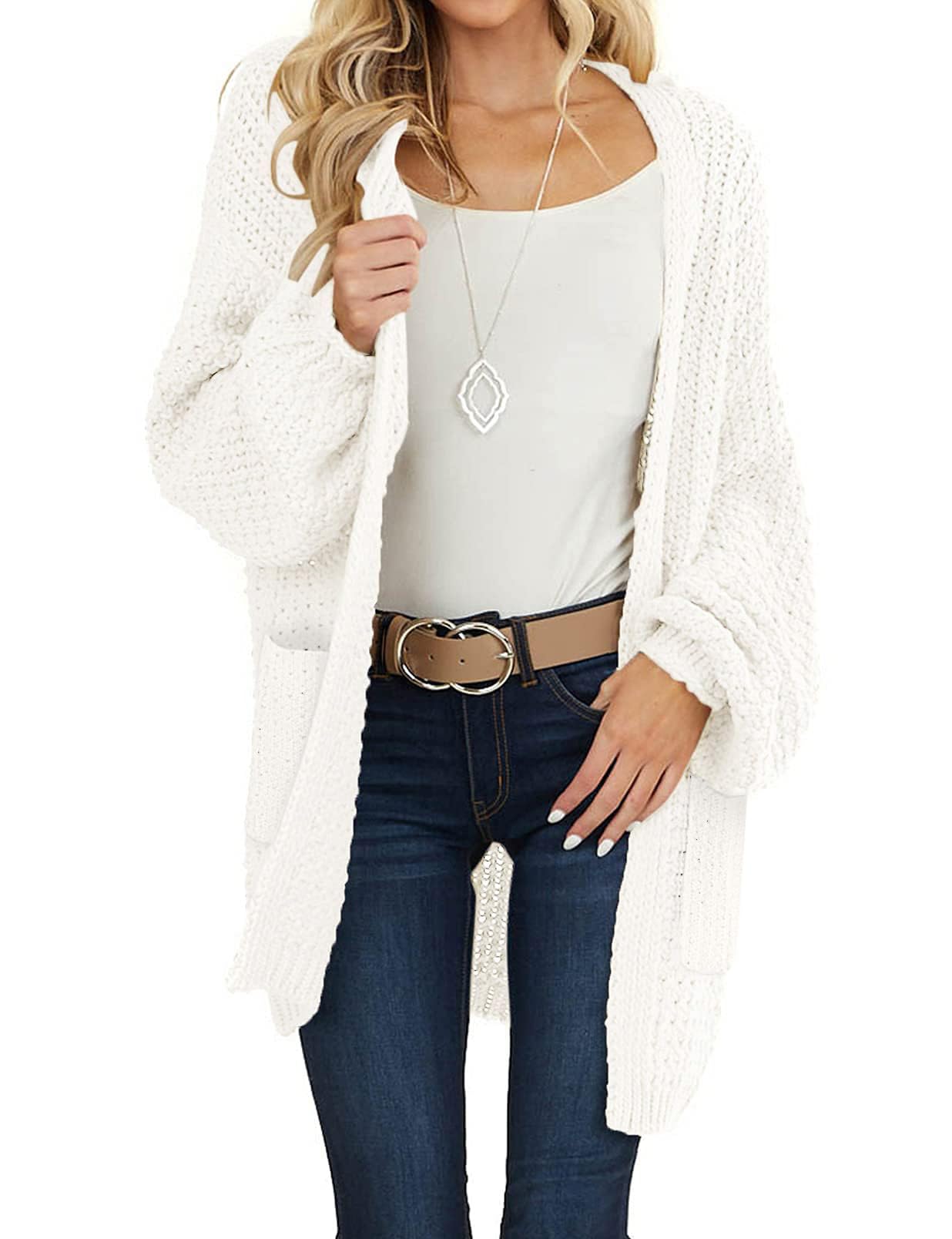 MEROKEETY Women's 2025 Fall Open Front Chunky Knit Sweater Oversized Lantern Sleeve Cardigan Outwear, Beige, Medium