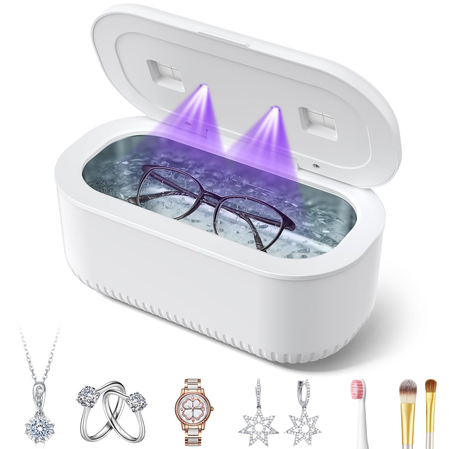 48Khz Ultrasonic Jewelry Cleaner, 30W Ultrasonic Cleaner with 2 UV Lights and Dual Brush Ports, 3 Modes Jewelry Cleaner Ultrasonic Machine with Digital Timer, 12OZ Pod for Eyeglasses, Rings, Retainer