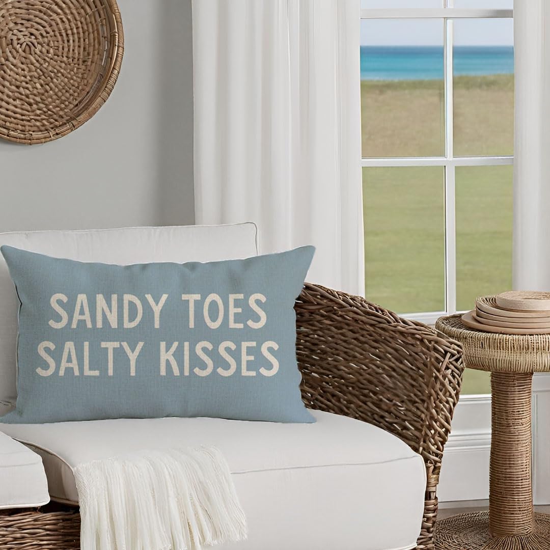 PANDICORN Summer Beach Throw Pillow Covers 12x20 Inch Sayings Sandy Toes and Salty Kisses Nautical Pale Blue Outdoor Decorations Lumbar Decorative Cushion Case for Home Living Room Sofa Couch Decor