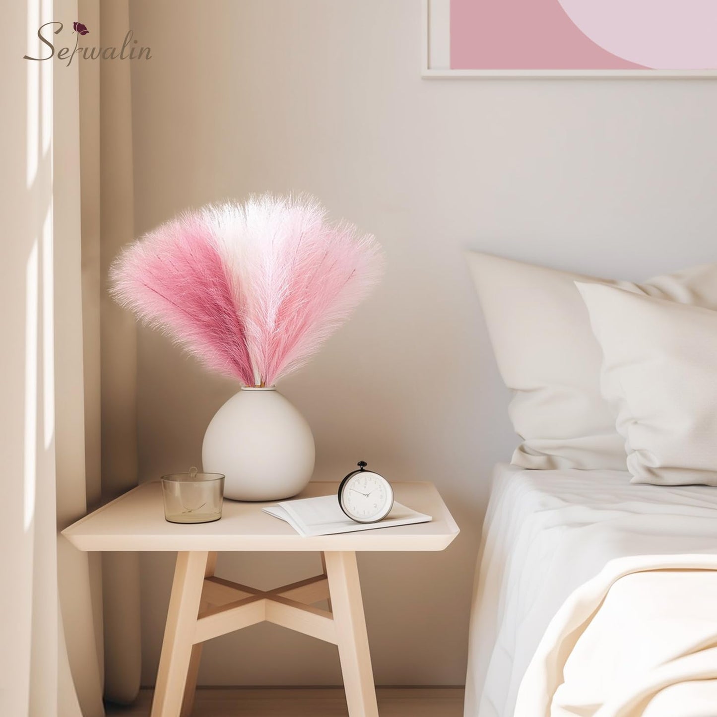 Serwalin Pampas Grass Pink Decor 17.7 Inch 6pcs, Faux Pampas Grass Home Decor, Artificial Pampas Grass Blush Fake Pampas, Short Vase Room Christmas Decoration