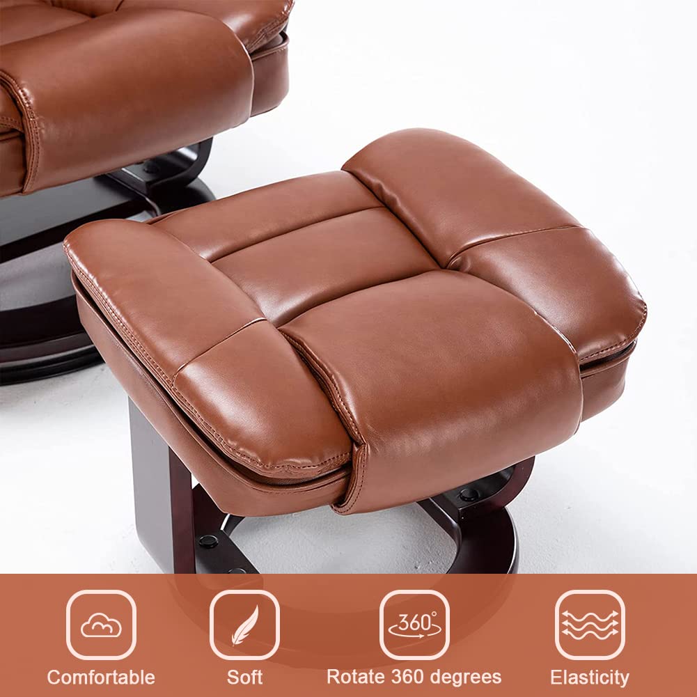 JC Home Argus Swivel Recliner with Ottoman, PU Leather & Wood Base Reclining Chair with Footrest, Ultra-Plush Double Foam for Living Room, Bedroom and Office