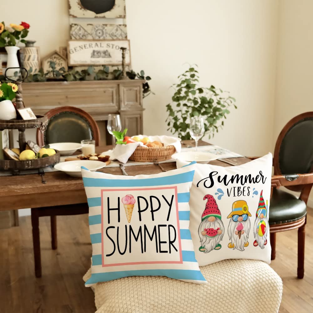 GEEORY Summer Pillow Covers 18x18 Inch Set of 4 Gnomes Popsicle Ice Cream Hello Sweet Summer Vibes Pillows Decorative Throw Pillows Summer Decorations Farmhouse Decor Cushion Case for Sofa Couch