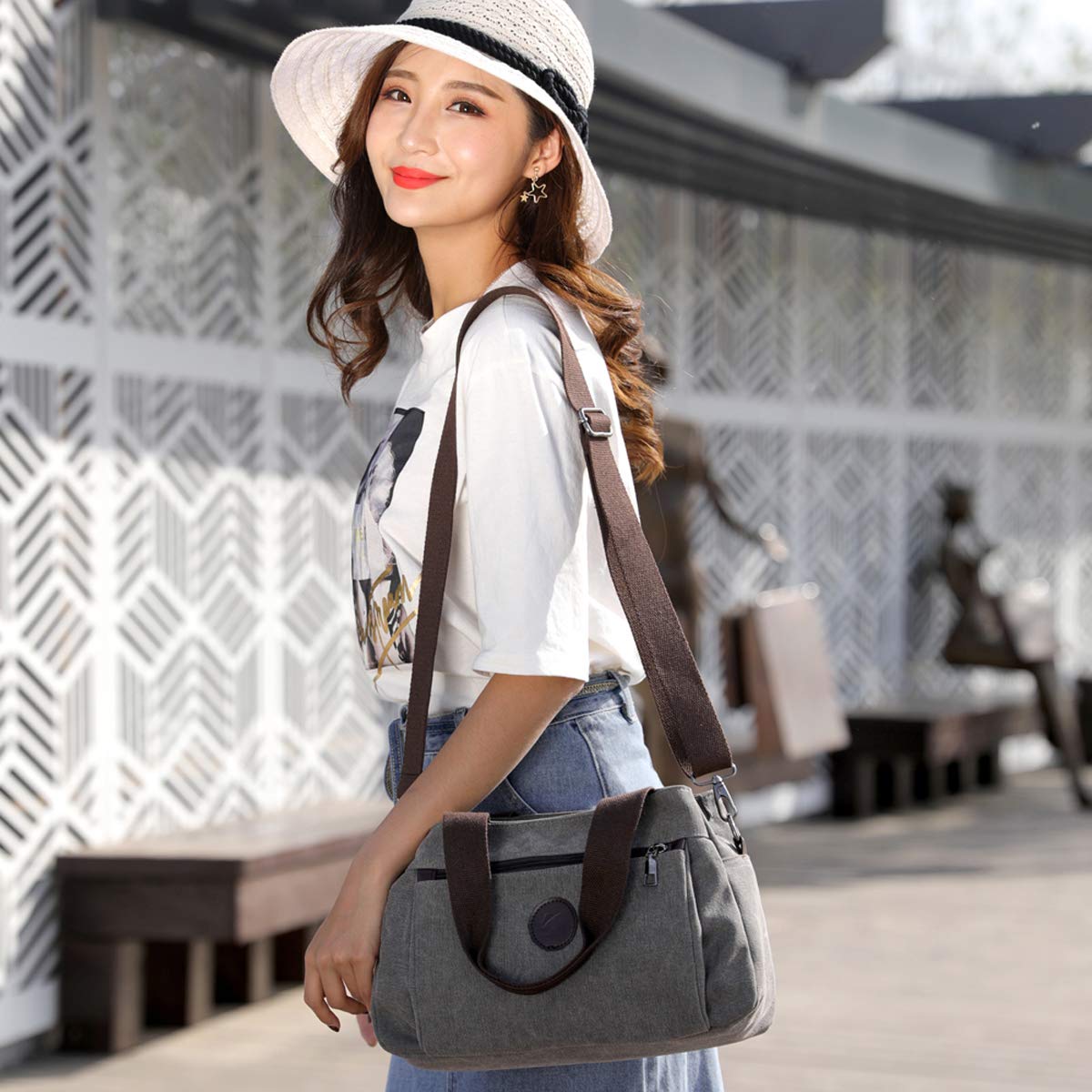 DOURR Hobo Handbags Canvas Crossbody Bags for Women, Multi Compartment Tote Purse Medium Satchel (Brown)