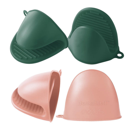 ButterMelt 4PCS Oven Mitts, Silicone Pot Holders Heat Resistant, Mini Oven Gloves for Kitchen, Thickened Silicone Hot Pads for Cooking & Baking(2Pink2Green)
