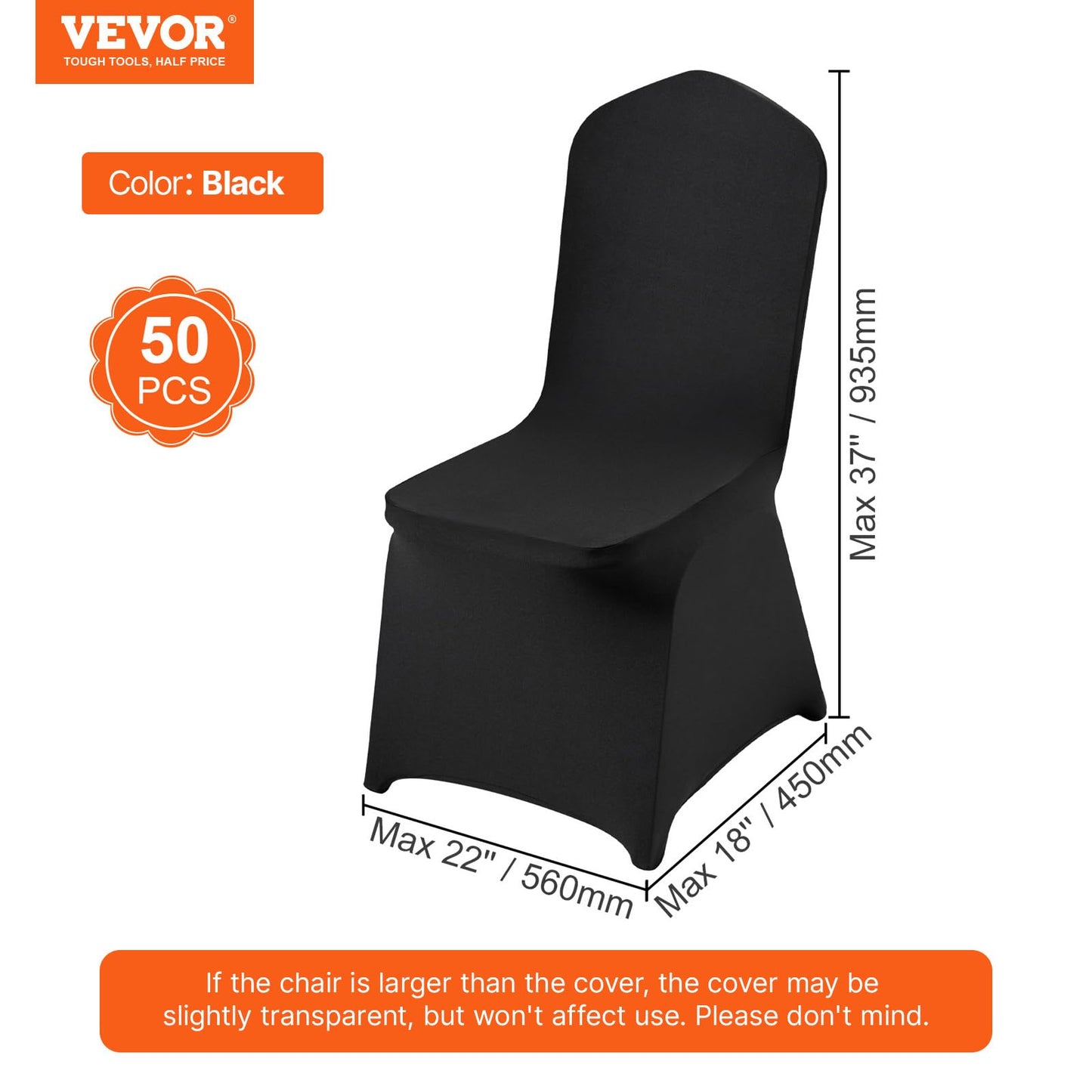 VEVOR 50 Pcs Black Chair Covers Polyester Spandex Stretch Slipcovers for Wedding Party Dining Banquet Arched-Front Chair Covers