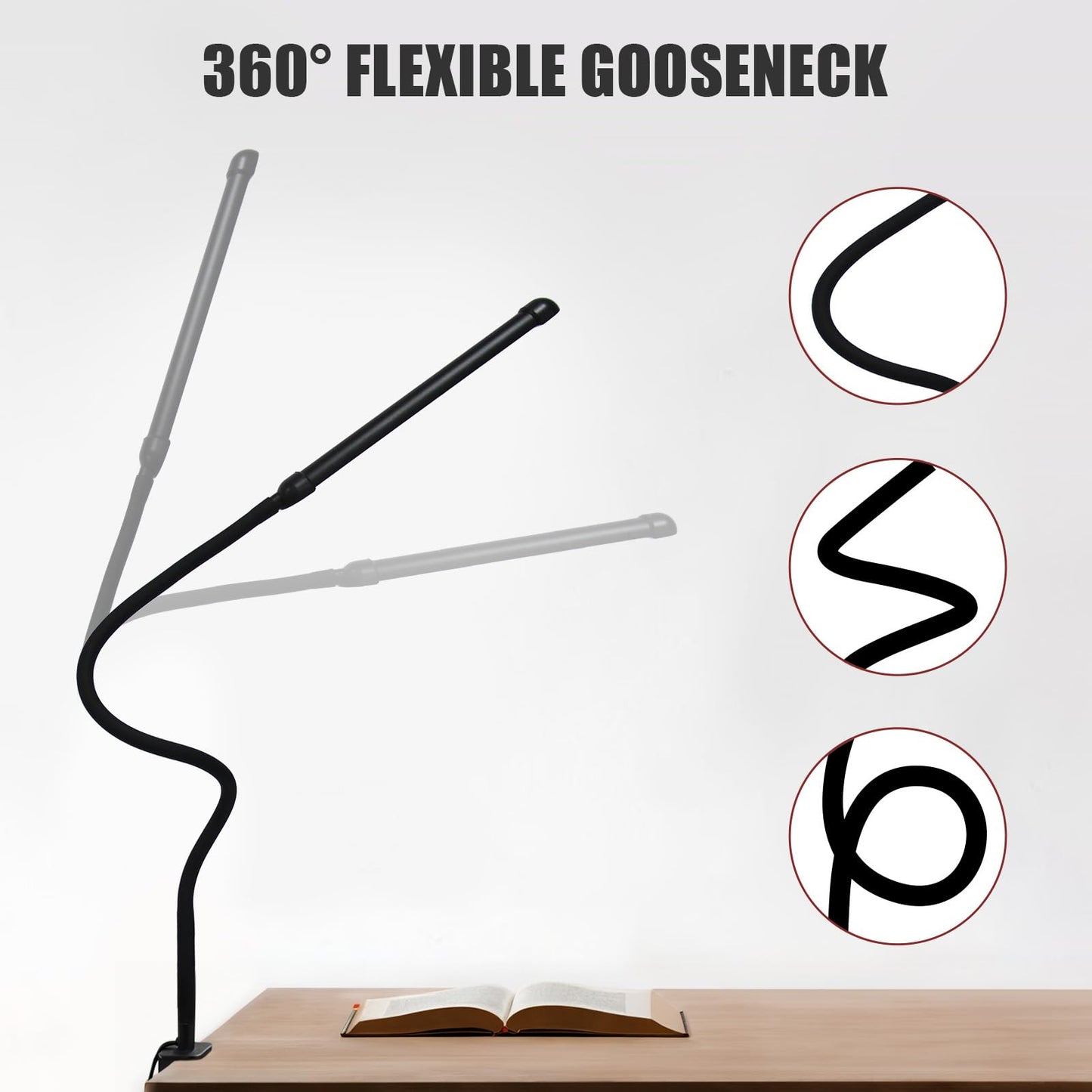 Phimuezl LED Desk Lamp with Clamp, Clamp Light with 30 Adjustable Color Modes, Clip on Light with Long Flexible Gooseneck, Eye Care Lamp Clamp for Study, Work, Home, Office, Black, 12W