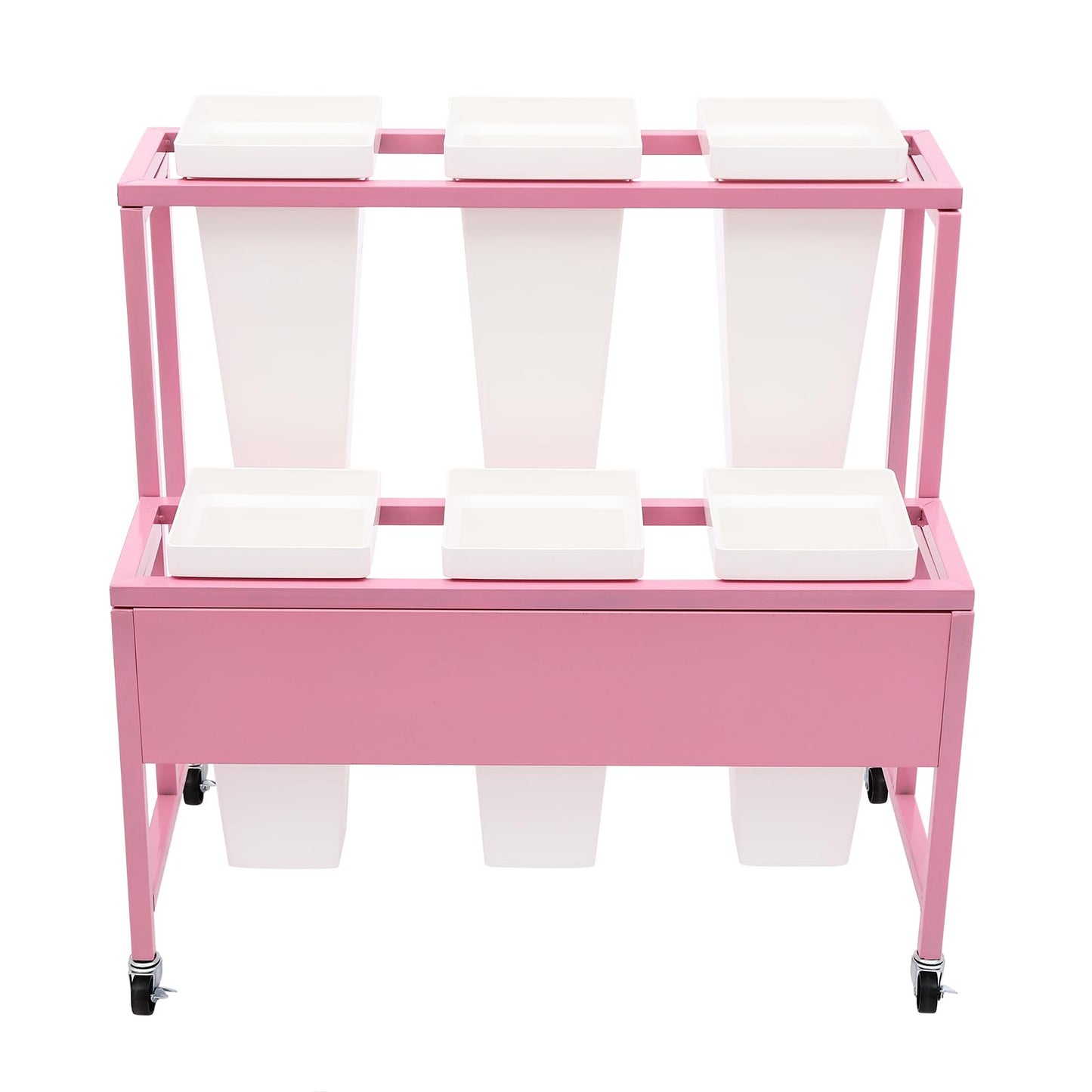 BAIODNB Flower Display Stand with 6PCS Buckets,2 Layers Metal Plant Stand With Wheels Plant Cart, Moving Florist Bouquet Shelf Flower Rack for Indoor, Outdoor Patio Garden, Living Room (Pinl+White)