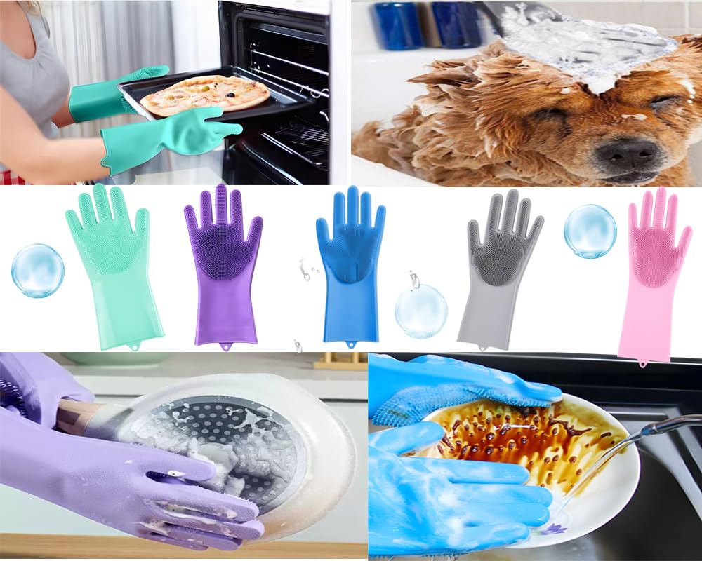 PEOKPIPLE 5 pairs Silicone Dishwashing & Pet Grooming Gloves - 2-in-1 Heat Resistant Gloves with High-Density Teeth, Enhanced Five Finger Design for Bathing, Cleaning Dishes, Cars, Dogs & Cats
