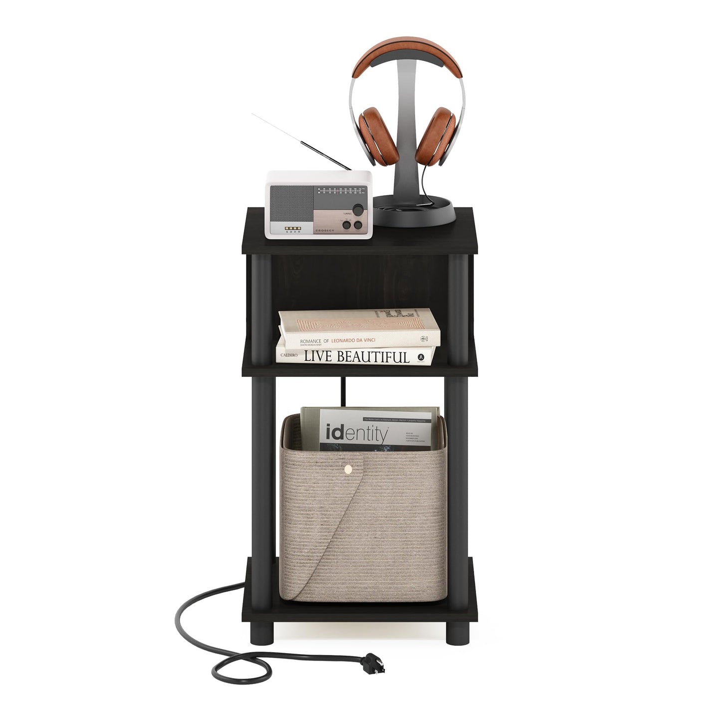 Furinno Just 3-Tier Turn-N-Tube Open Storage End Table with USB and Type-C Charging Port, 11.42 (W) x 9.92 (H) x 6.91 (D) inches, Espresso/Black