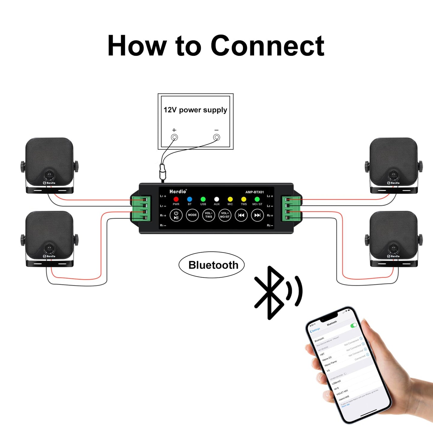 Herdio 4 Inch 240W Boat Marine Bluetooth Speakers Waterproof Outdoor Speakers for Golf Cart ATV UTV RZR Camper Tractor Boat Truck Jeep Courtyard Powersports,2 Pairs (Black)