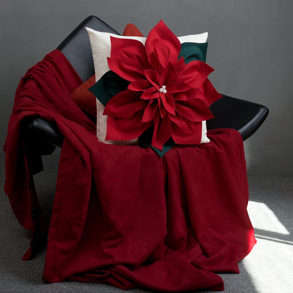 KINGROSE Christmas 3D Flower Accent Pillow Cover Festival Red Floral Throw Pillow Case Decorative Cushion Cover for Sofa Couch Bed Living Room Home Decor 18 x 18 Inches
