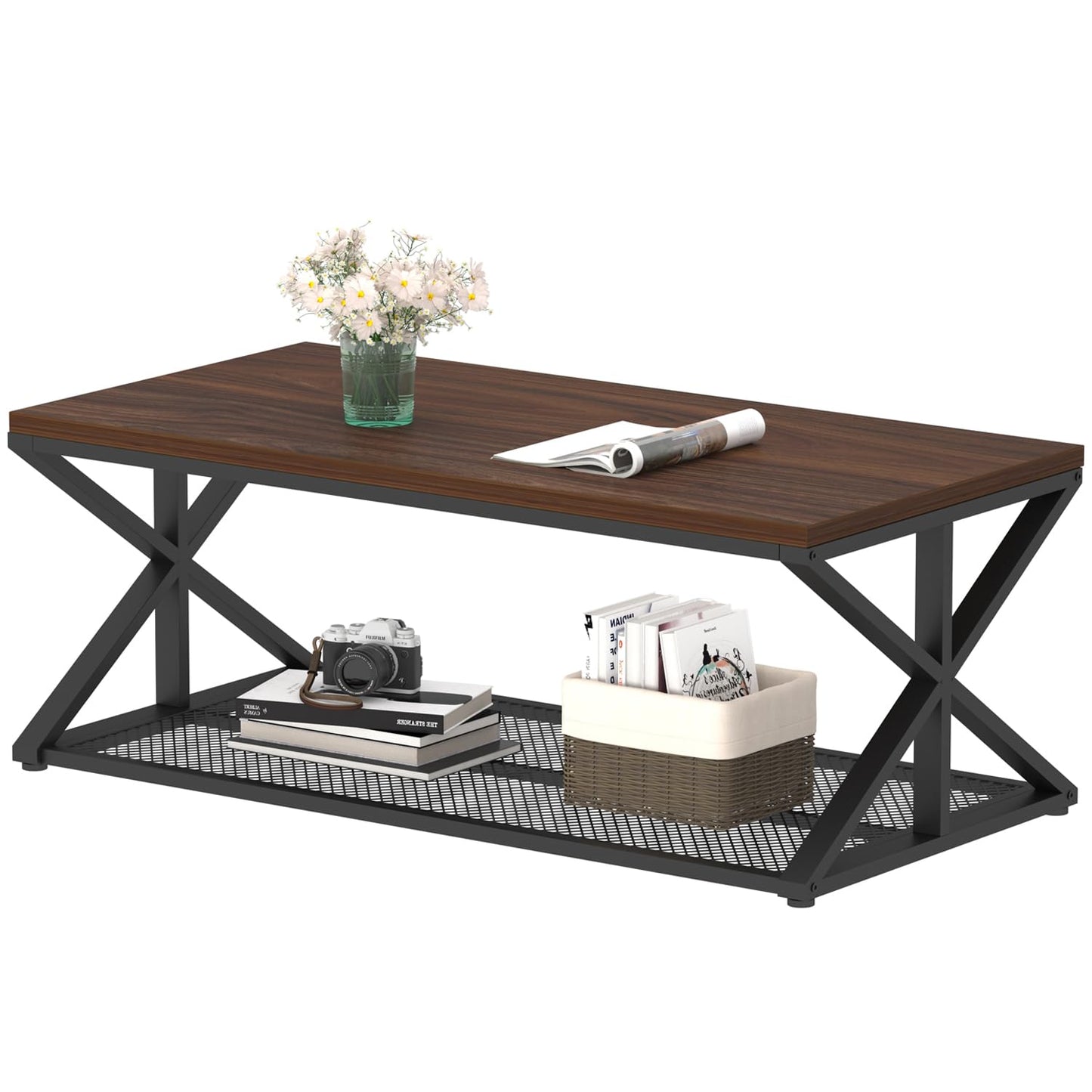 IBF Walnut Coffee Table with Storage, Industrial Wood Metal Rectangle Living Room Table, Vintage 2 Tier Middle Center Table with Mesh Shelf, Walnut, 47 inch