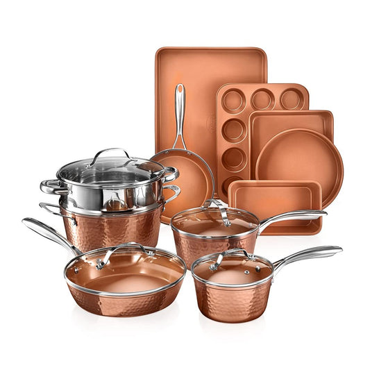 Gotham Steel Hammered 15 Pc Ceramic Cookware Set Nonstick, Deep Copper Pots and Pans Set Non Stick with Bakeware & Deep Fry Pan, Non Toxic PFOA PFOS Free, Induction Oven and Dishwasher Safe