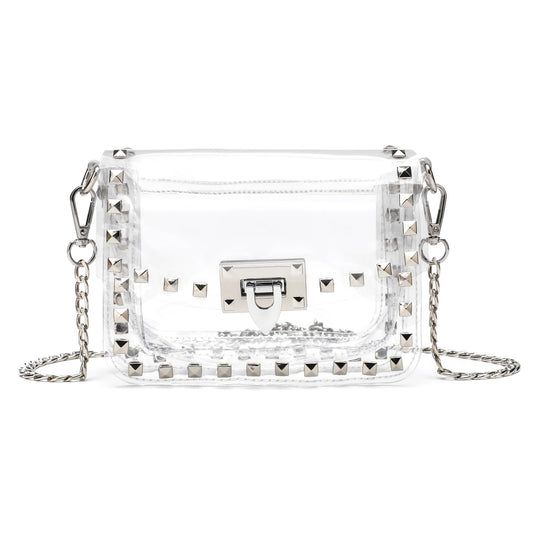 SharPlus Clear Crossbody Purse Bag for Women Stadium Approved with Silver Studded Rivet, Clear PVC Clutch Handbag for Concert & Game Day