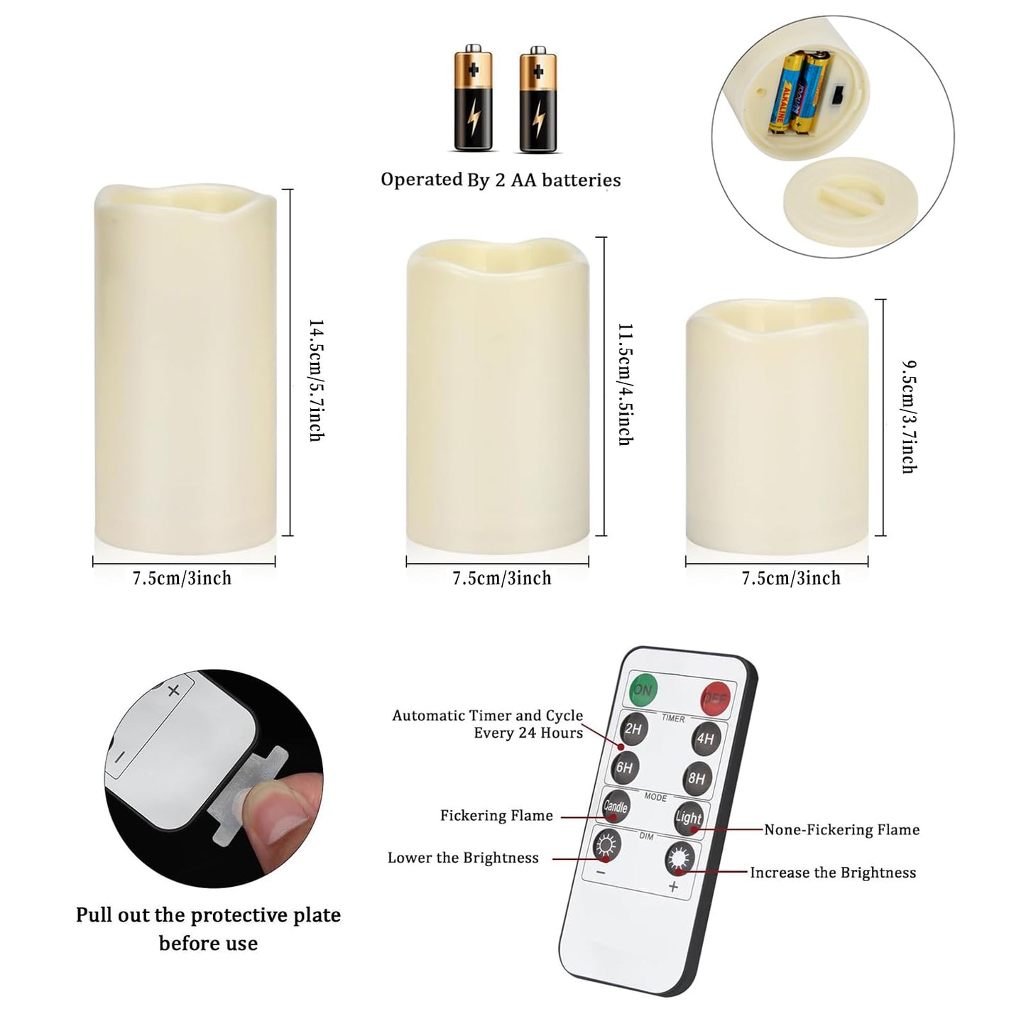 Artmarry Flameless Candles 4" 5" 6" Set of 3 Ivory Outdoor Indoor Pillars 3" Diameter Battery Operated Flickering Candles Include 10-Key Remote Timer Function 400+ Hours Requires 2 AA Batteries