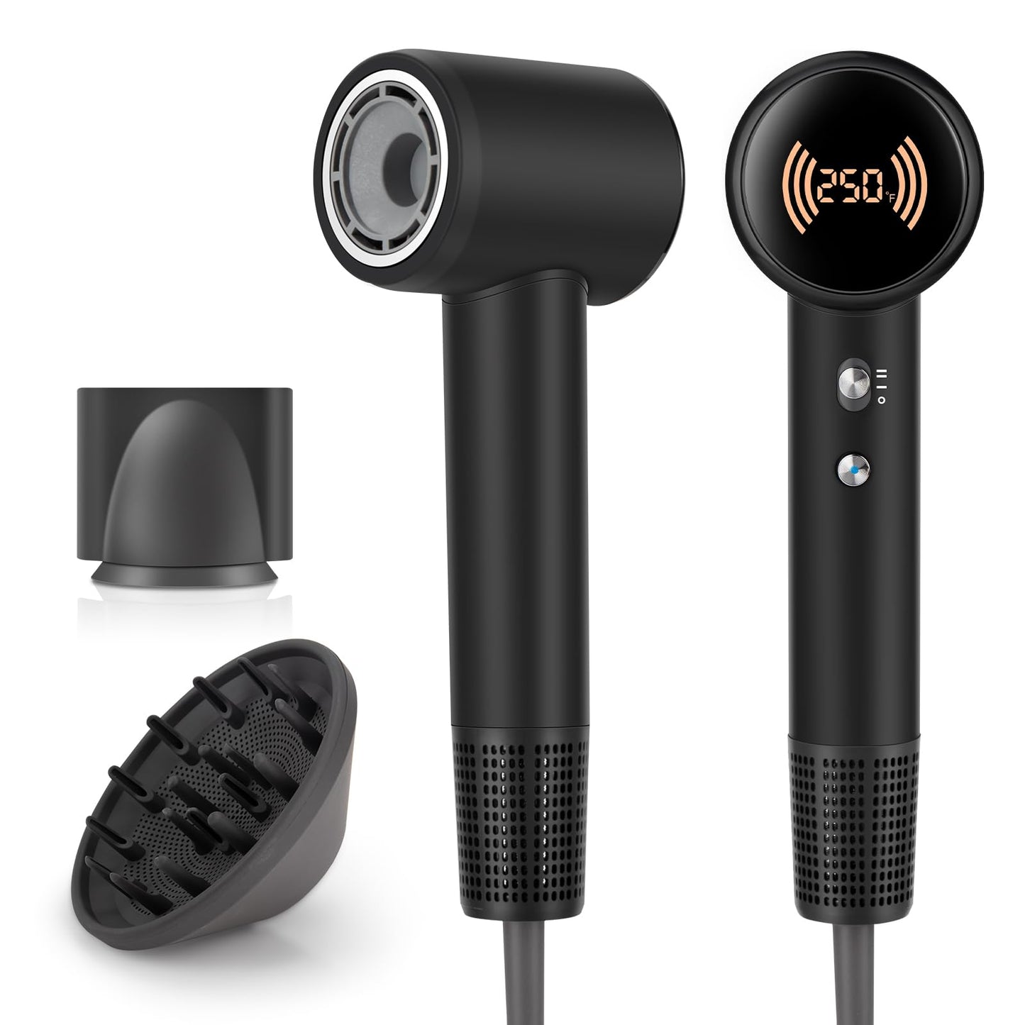 Hair Dryer,Travel Hair Dryer with Diffuser,110000 RPM High Speed Ionic Blow Dryer,Temperature Display,Low Noise&Lightweight Blow Dryer,Fast-Drying,No Heat Damage,Suitable for All Hairstyles(Black)