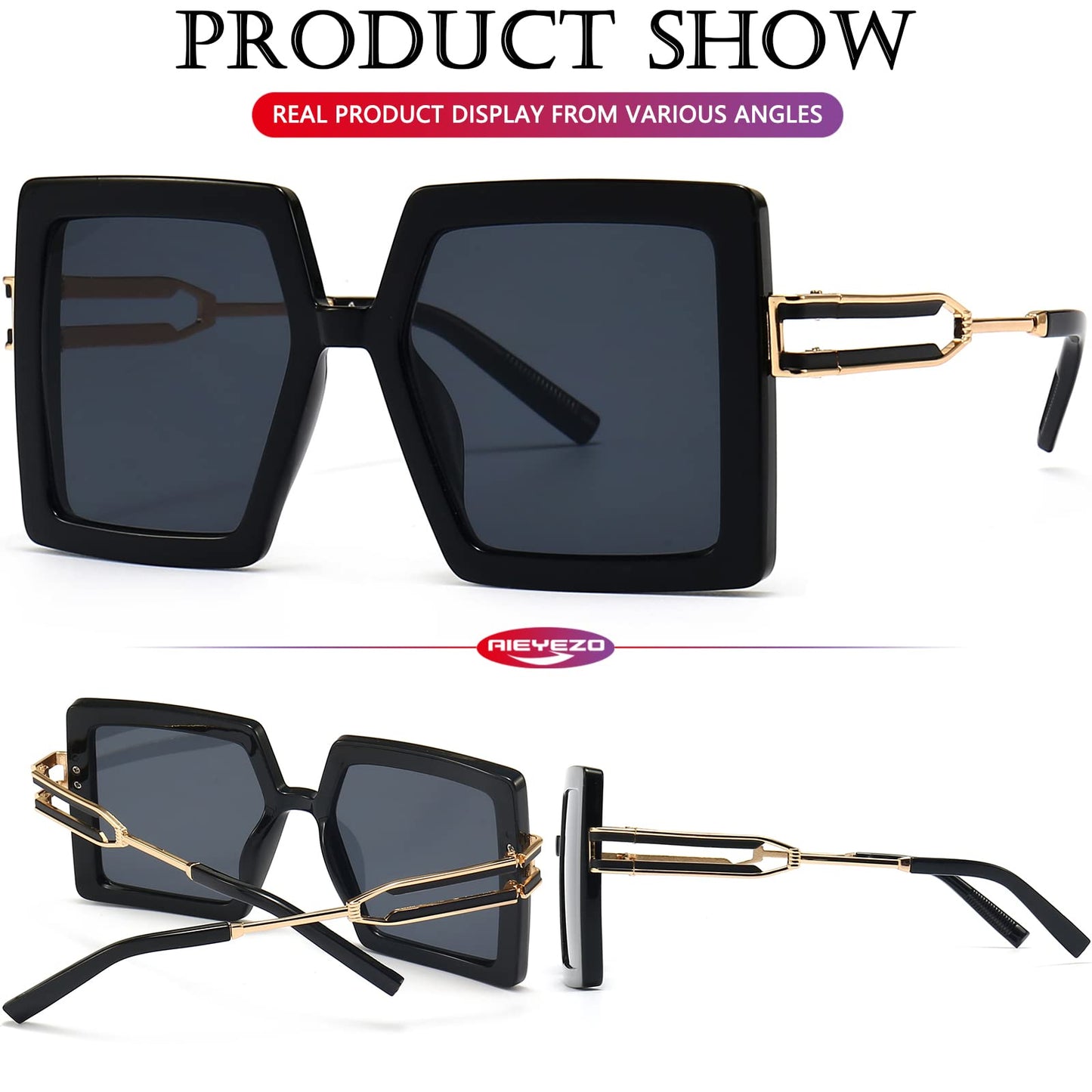 AIEYEZO Oversized Sunglasses for Women Square Fashion Big Large Frame Sun Glasses UV400 Protection (Black + Blue Gradient)