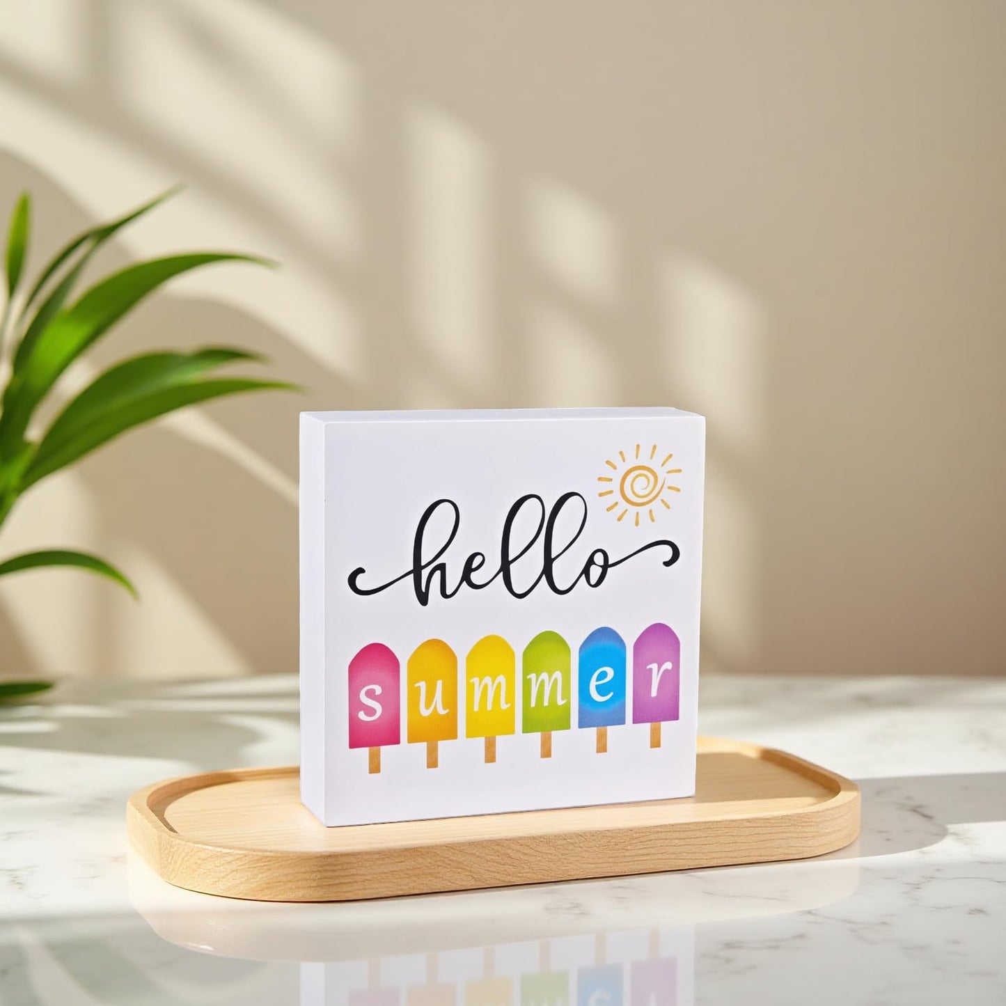 Summer Decor Summer Decorations for Home Popsicle Wood Box Sign Rustic Wooden Shelf Desk Decor Season House Warming Gifts 5.9 x 5.9 Inch