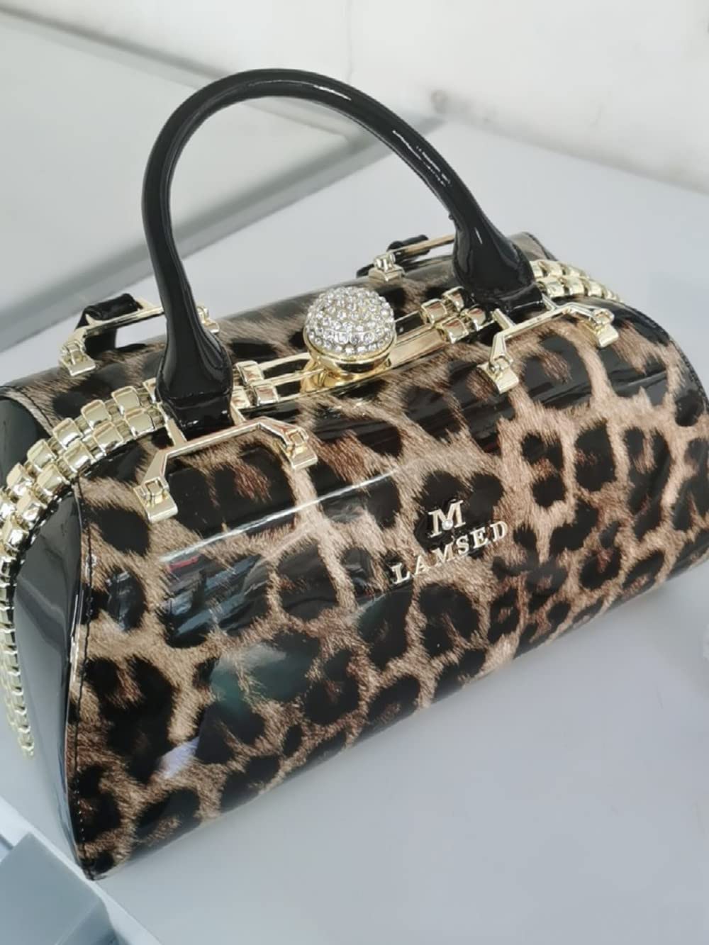 Shirt Luv Fashion Leather Women's Top Handle Satchel Crossbody Handbags Crystal Evening Bag Purses Hard Shoulder Bags (Leopard)