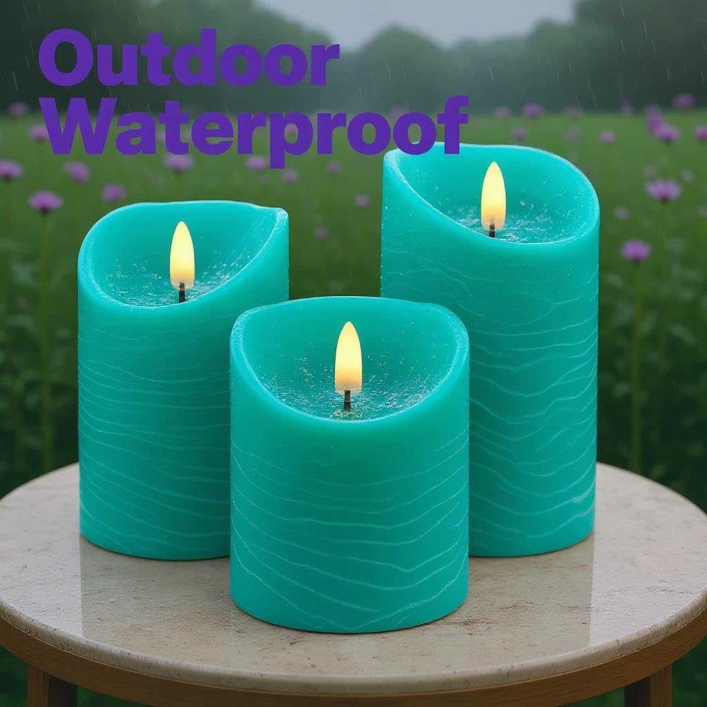 VENTA Flickering Flameless Candles with Remote Control - Led Candles Battery Operated - Battery Operated Candle for Decoration Table, Timer & Dimmer Features, Set - 3Pcs (4",5",6") (Turquoise)