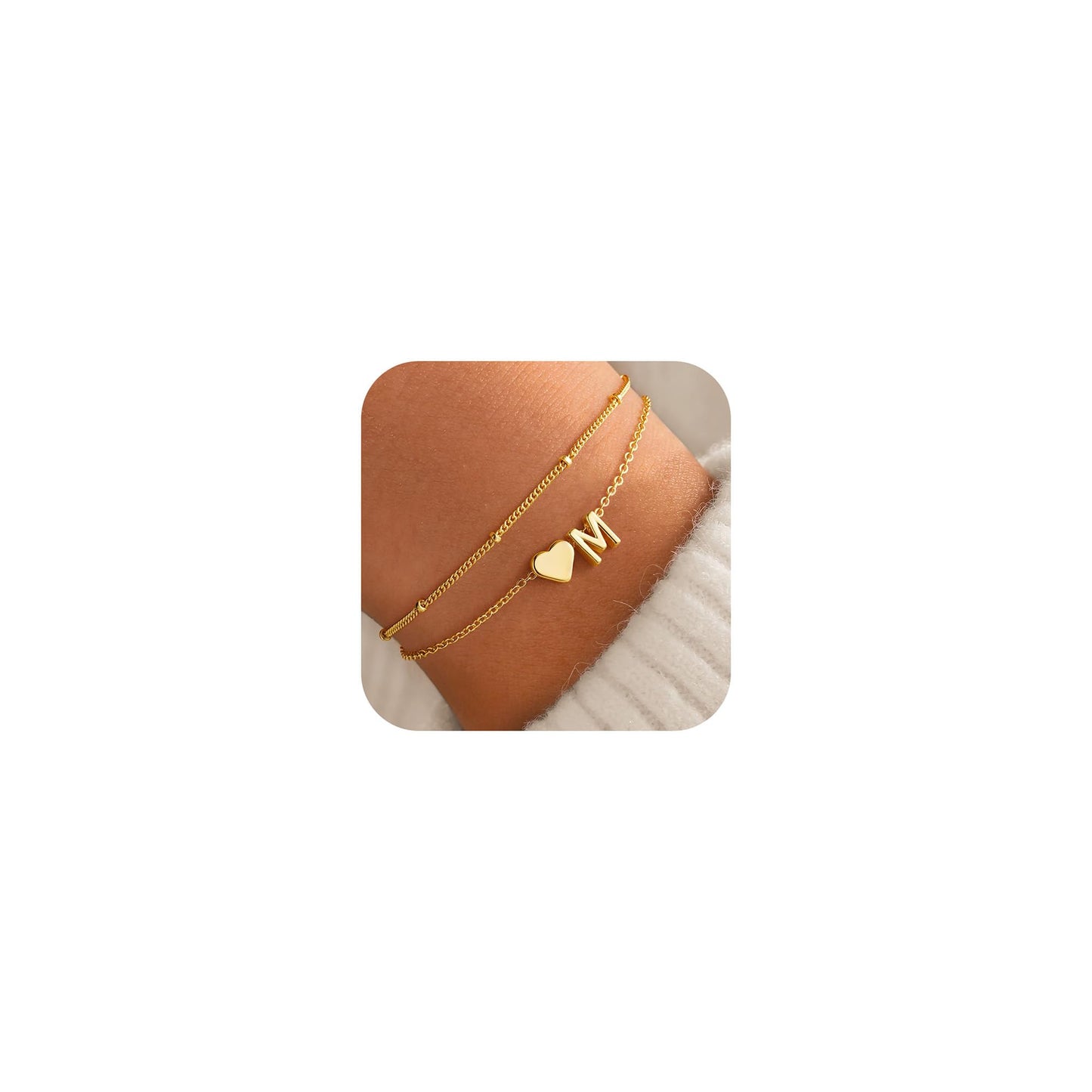 M MOOHAM Gold Bracelets for Women - Gold Initial Letter M Bracelets for Women Layered Heart Chain Link Charm Bracelet Personalized Gifts Womens Jewelry