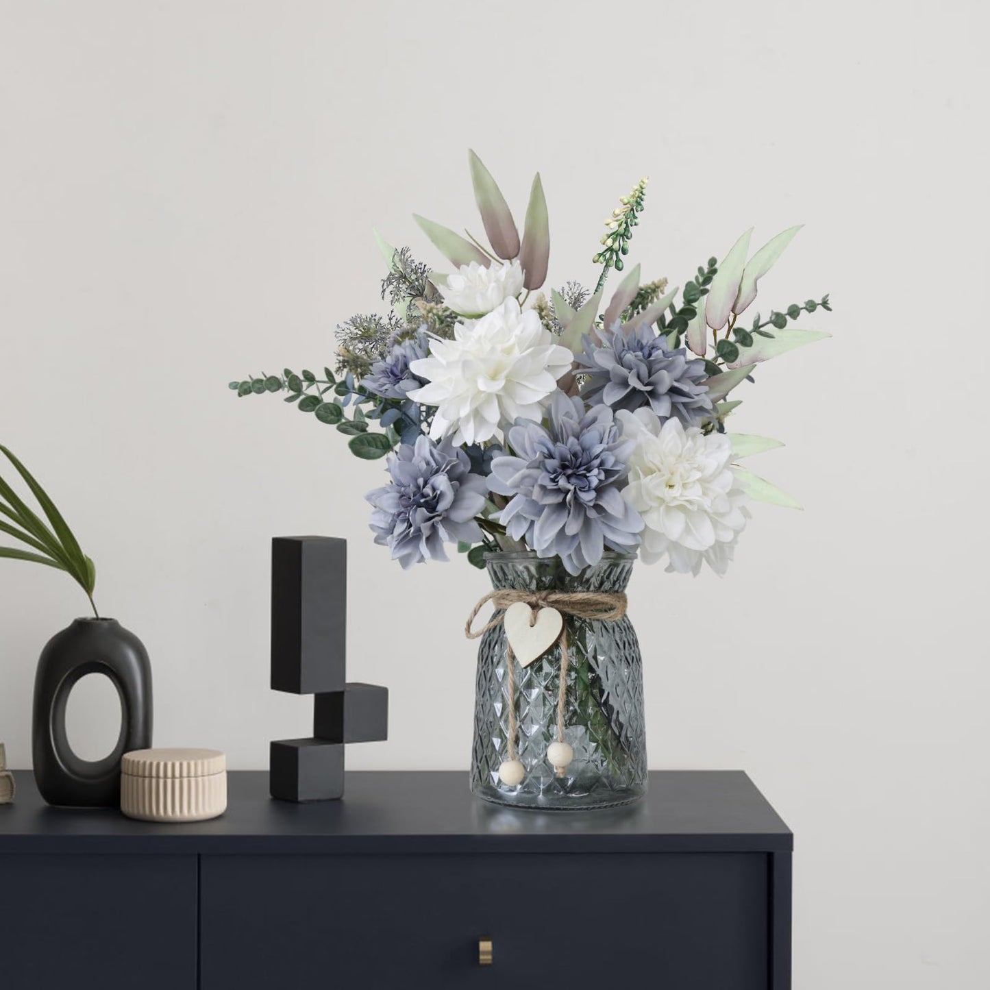 SHINFHOMF Fake Flowers in Vase,8 Dahlias,Silk Artificial Flowers in Vase,Centerpiece Table Decorations,Faux Flowers in Vase with a Flower Arrangement Holder