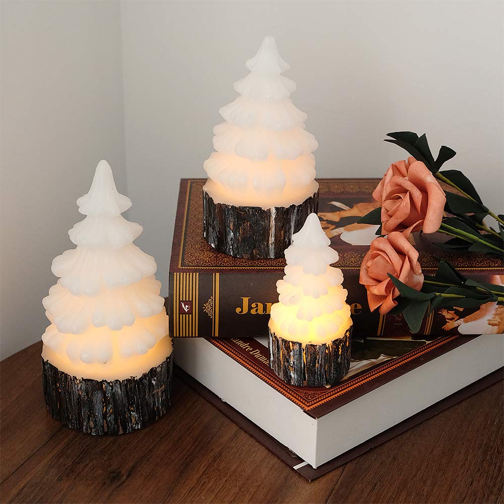 Eldnacele Christmas Flameless Flickering Candles with Timer Battery Operated Tree Shaped White LED Electric Wax Candles Warm White Set of 3 Seasonal Decoration Presents
