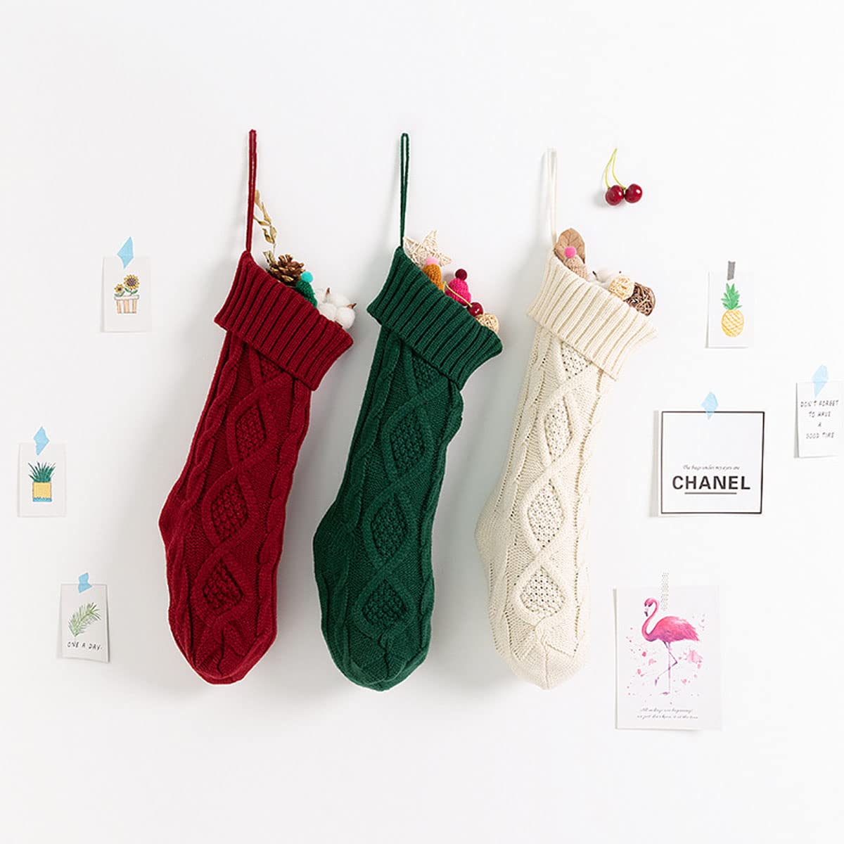 Spencer 18 Inches Knit Christmas Stocking Large Size Knitted Xmas Stocking Gifts Cable Knitted Stockings Fireplace Hanging Stockings for Family Holiday Xmas Party Decorations (Green/Burgundy/White)