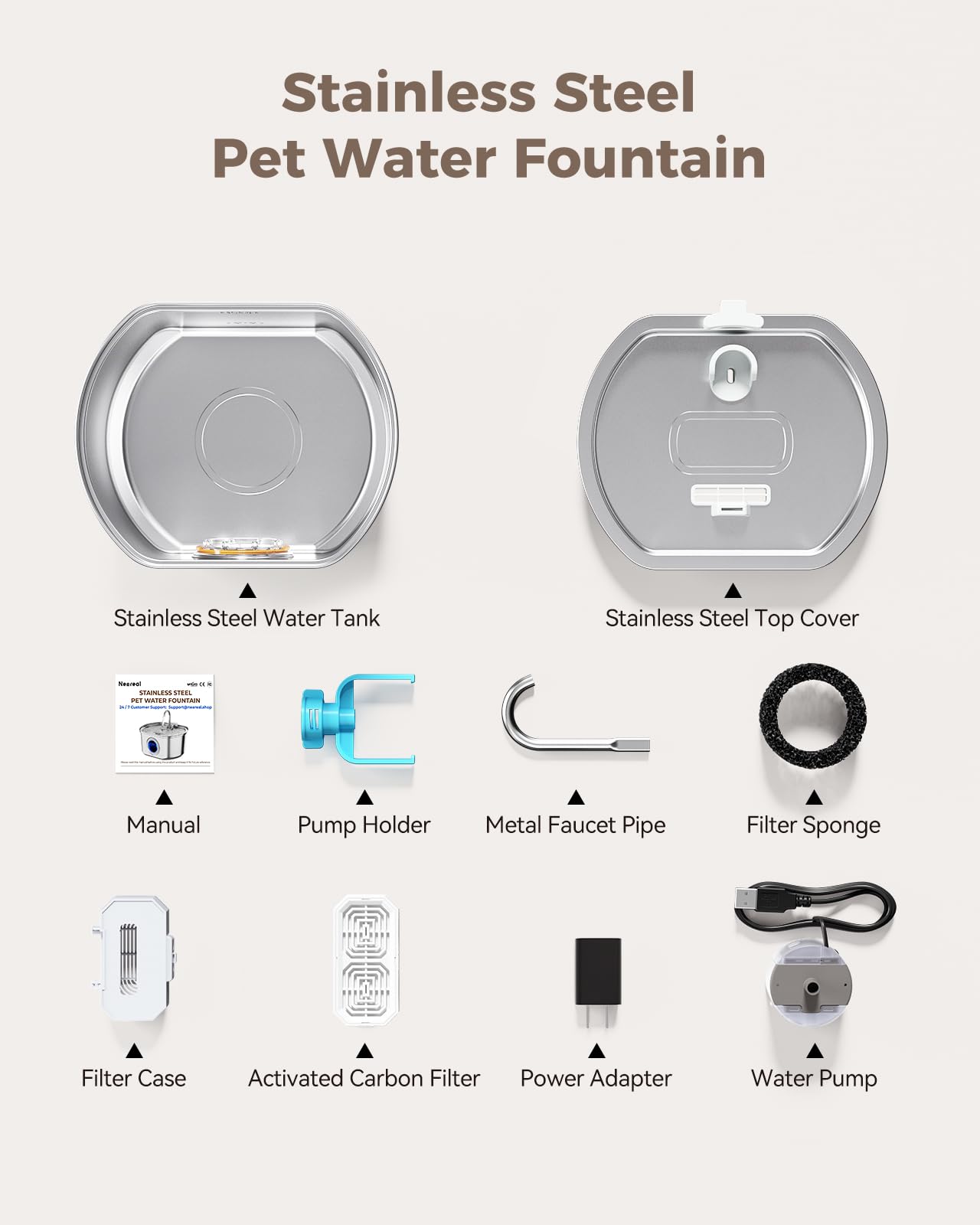 Cat Water Fountain Stainless Steel: 108oz/3.2L Cat Fountain for Drinking- Pet Water Fountain for Cats Inside - Automatic Cat Water Dispenser Bowl - Cat Feeding & Watering Supplies - Water Level Window
