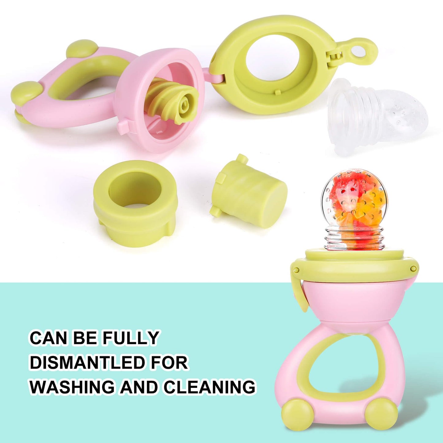 Baby Fruit Food Feeder Pacifier - Fresh Fruit Teething Toy 6M+, BPA Free Safely Introduce Solids Teething Relief Toy Includes Add Silicone Sacs, 2-Pack (Light Pink)