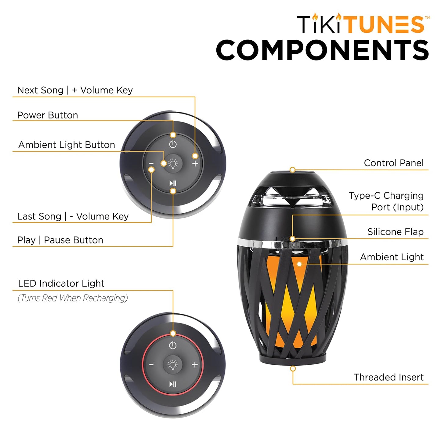 TikiTunes Portable Bluetooth 5.0 Indoor/Outdoor Wireless Speaker, LED Torch Atmospheric Lighting Effect, 5-Watt Audio USB Speaker, 2000 mAh Battery for iPhone/iPad/Android