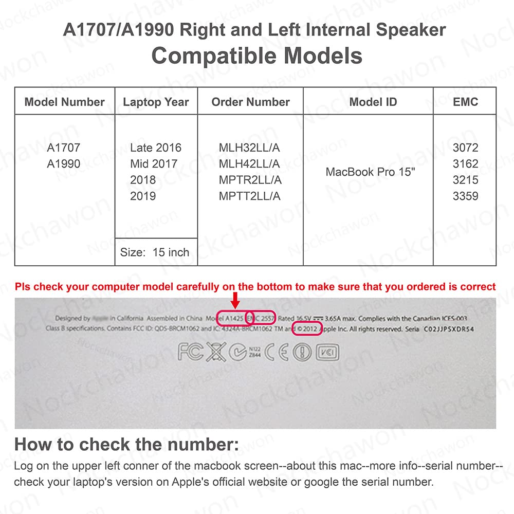 Nockchawon Right and Left Internal Speaker Replacement for MacBook Pro 15" A1707 2016 2017 A1990 2018 2019 Loudspeaker Subwoofer Retina with Touch Bar（1 Pairs）
