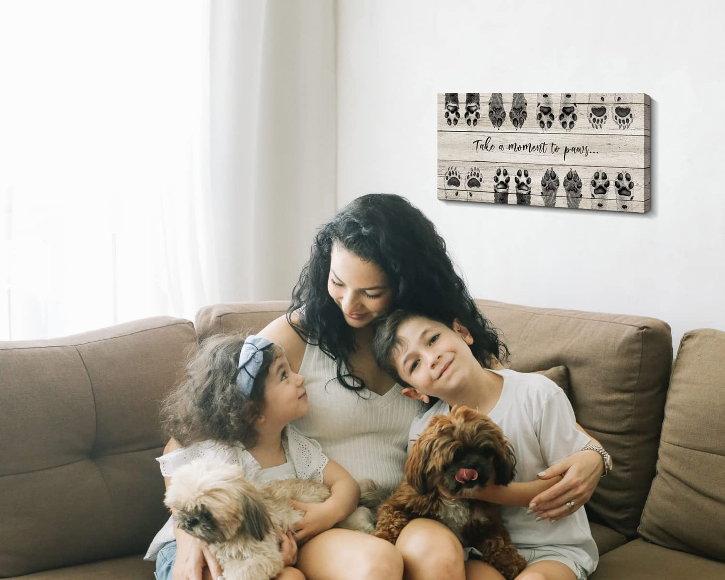 ARTINME Dog Lover Sign Wall Decor,Take A Moment to Paws Sign Pet Paw Print Artwork Footprints Canvas Wall Art,Framed Animal Prints Puppy Gifts for Front Door Home Decoration (Black)